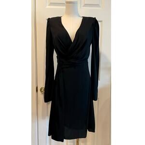 LEON MAX Limited Edition Silk Black Wrap Dress Padded Shoulder V Neck Midi SZ 4